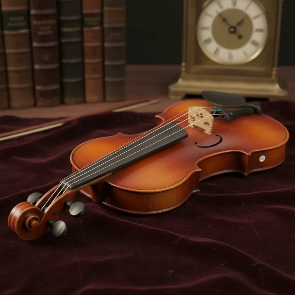 A vintage wooden violin rests on worn velvet, its delicate grain highlighted by warm light to show its fragility.