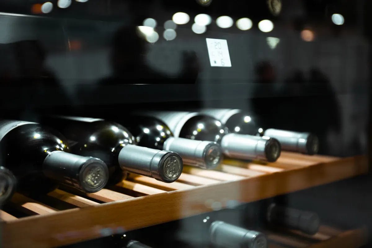 Wine sites on a well-organized rack in a climate-controlled storage unit.