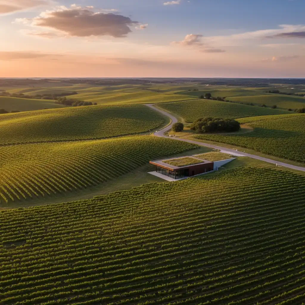 Aerial view of Texas hill country vineyards at golden hour with rows of grapevines under a warm, soft cloud filled sky.