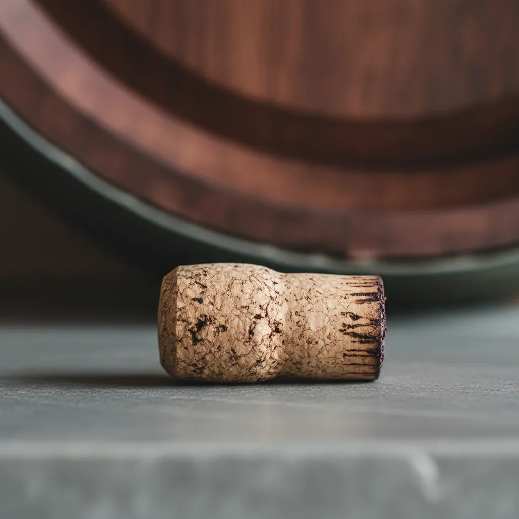 A wine cork rests on a smooth stone surface with wood grain behind it, lit by soft natural light to show fine textures.