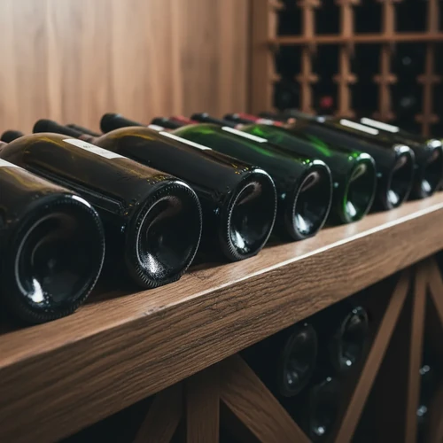 Dark wine bottles rest horizontally on a rustic wooden rack under warm, soft lighting to ensure ideal storage conditions.
