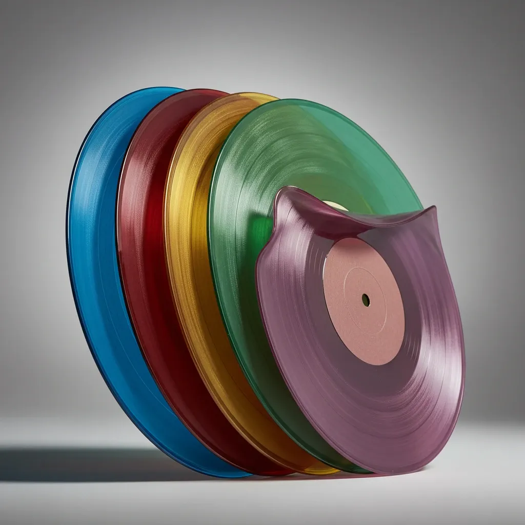 A stack of vintage vinyl records with colorful surfaces shows warped edges and reflective textures from heat damage.